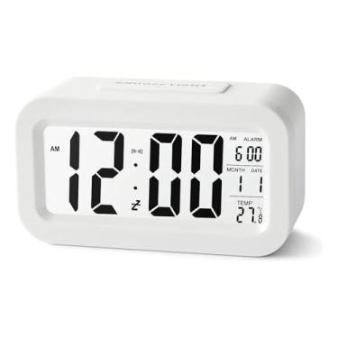 Imagem de Mini Relógio Digital de Mesa com Despertador, Sensor de Temperatura, Display LED, Relógio de Cabeceira Inteligente Premium – Modelo Compacto para Quarto e Escritório – Branco