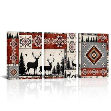 Imagem de LevvArts Arte de parede rústica silhueta de veado com padrão geométrico nativo americano pintura vermelha marrom cinza painel decoração asteca sudoeste impressão em tela, (vermelho)