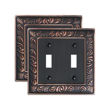 Imagem de TREEWELL Pacote com 2 placas de cobertura para interruptor de luz dupla, padrão paisley, decorativas, capas de placa de interruptor duplo, bronze envelhecido, placas de parede de metal para tomadas