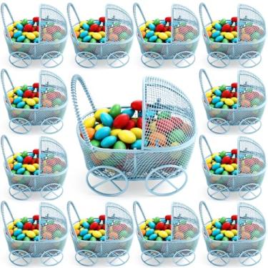 Imagem de Threehoney Mini carrinhos de bebê decoração de metal com fio preenchível carrinho de doces carrinho de bebê mesa de chá de bebê centro de mesa para convidados revelação de gênero lembrança de presente