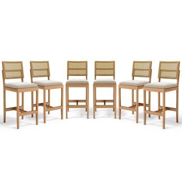 Imagem de Kit Com 6 Banqueta Milena Madeira Maciça Assento Estofado Encosto De Tela Palha Sextavada Veludo Bege 102