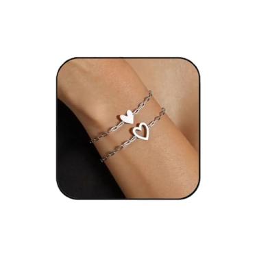 Imagem de Aluinn Conjunto de pulseiras de coração de amor para amizade, duas pulseiras fofas, pacote de berloques, pulseiras solitárias para mulheres amigas, 9, Aço inoxidável, Sem Pedra Preciosa