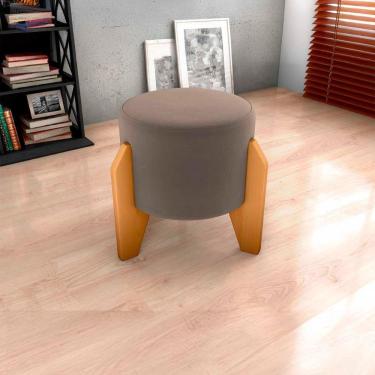 Imagem de Puff Banqueta Redondo Pés Madeira Luxo Matrix Veludo Capuccino