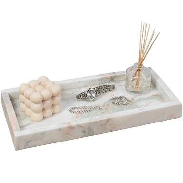 Imagem de happimess TRY4001E Bandeja de bancada retangular de mármore minimalista clássica de 30,5 cm x 15 cm para armazenamento, decoração, exibição, mesa de centro ou servir alimentos, branco/bege