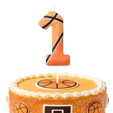 Imagem de Velas de aniversário número 1 de basquete, topo de bolo com tema de basquete para meninos e meninas, decorações de bolo para aniversários, suprimentos de festa com tema esportivo, velas para