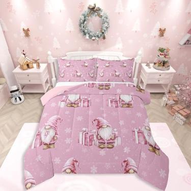 Imagem de Feelyou Conjunto de cama de Natal rosa macio para meninos e meninas, gnomos de Natal escandinavo, solteiro, com floco de neve, edredom para decoração de quarto, 2 peças com 1 fronha