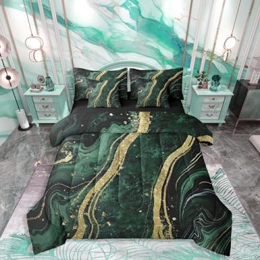Imagem de Erosebridal Conjunto de edredom Queen de mármore verde para adolescentes e crianças | Conjunto de cama de arte abstrata moderna em uma bolsa Conjunto de cama de 7 peças com textura metálica líquida e