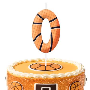 Imagem de Velas de aniversário de basquete número 0, topo de bolo com tema de basquete para meninos e meninas, decorações de bolo para aniversários, suprimentos de festa com tema esportivo, velas para