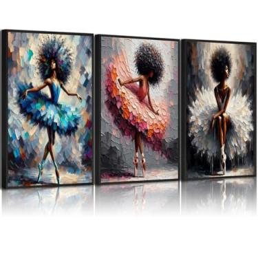 Imagem de RERNIE Arte de parede em tela de bailarina preta emoldurada de 3 peças, pintura moderna de menina africana, impressão de galeria de bailarina, pôster texturizado, galeria de arte, sala de estar