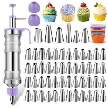 Imagem de NOVANO Conjunto de seringas para decoração de sobremesa, kit de tubulação de cobertura de aço inoxidável, kit de decoração de bolo com 54 pontas de confeitar e 9 cupcakes de silicone, kit de decoração