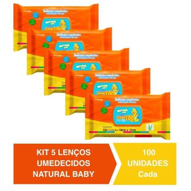 Imagem de Kit C/ 5 Lenços Umedecidos Natural Baby 100un Cada Evergreen