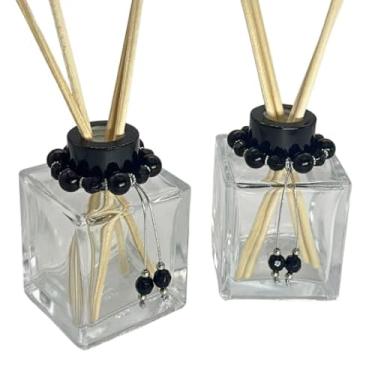 Imagem de Kit 4 Frascos de Vidro Cubo 100ml para Difusor de Ambiente Luxo com Pingentes Decorativos e 16 Varetas – Tampas Douradas, Prata, Rose ou Preto(PRETO)