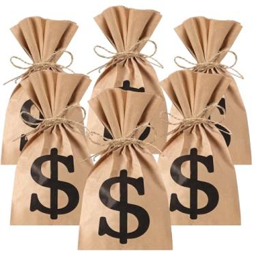 Imagem de Tinlade 60 peças 22 x 12 x 7 cm Saco de petisco para dinheiro, letreiro, lembrancinha de festa de Halloween, dólar doce, sacos de papel kraft com corda de juta para festas, logotipo, pirata, dólar e