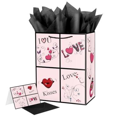 Imagem de Lyforpyton Bolsa de presente grande rosa de 32 cm com papel de seda e cartão, perfeita para o dia dos namorados, dia das mães, festa de aniversário, aniversário de casamento, casamento