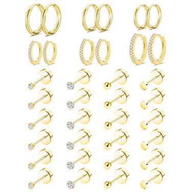 Imagem de Tornito 18 pares de brincos minúsculos com costas planas para mulheres e homens, aço inoxidável banhado a ouro 18 K, zircônia cúbica, pequenos brincos de argola para cartilagem traseira de hélice