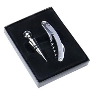 Imagem de Kit para Vinho com Abridor Saca-Rolhas e Tampa, 2 Peças, Aço Inoxidável