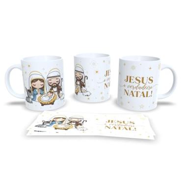 Imagem de Caneca de Cerâmica Branca com Tema Natalino, Design de Presépio, Jesus O Verdadeiro Sentido do Natal, Decoração de Natal com Estrelas Douradas (23180)