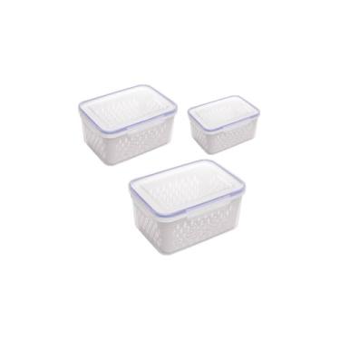 Imagem de Conjunto 3 Potes Herméticos com Cesto, Plástico Transparente e Azul, 850ml 1750ml 3300ml, Retangular, para Armazenamento de Alimentos