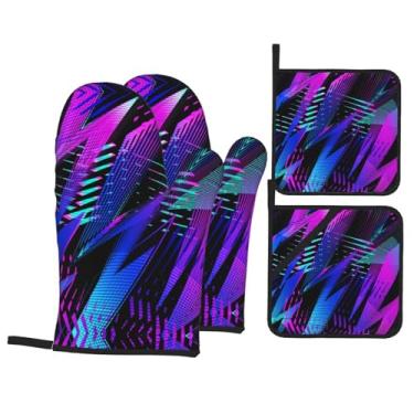Imagem de Cyberpunk Texture - Conjunto de luvas de cozinha estampadas com suportes de tampa, luvas de forno resistentes ao calor para manusear panelas quentes, grelhar, churrascos, kit de 4 peças.