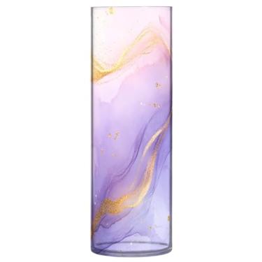 Imagem de CEBUGI Vaso de flores com fundo de mármore lavanda 10 x 30 cm, vaso cilíndrico para flores, vaso transparente inquebrável para decoração de casa de festa de casamento