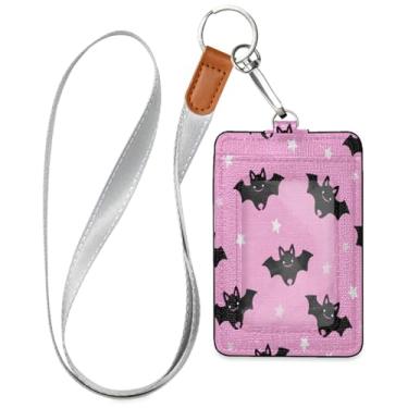 Imagem de Wassud Porta-crachá de couro PU Cute Bats com cordão, porta-cartão de identificação para trabalho, cordão de pescoço com compartimentos para cartões de crédito, funcionários, estudantes, 39,9 cm