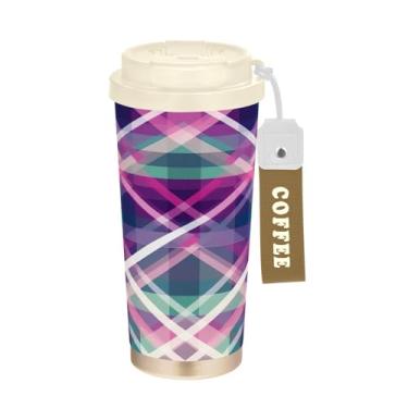 Imagem de YETTASBIN Caneca de café Buffalo Plaid com isolamento térmico de 482 g com tampa canudo, copo à prova de derramamento e vazamento com alça para bebida quente e fria, garrafa de água de aço inoxidável