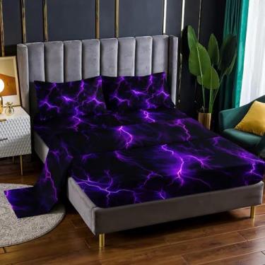Imagem de Nttopship Jogo de cama Queen com estampa de relâmpago roxo, 4 peças, roxo, com bolsos profundos, decoração de quarto, 4 peças (1 lençol + 1 lençol + 2 fronhas)