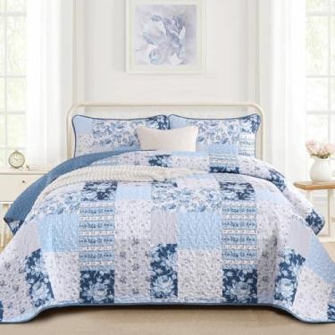 Imagem de Anibedding 3 peças de colcha de retalhos, tamanho Queen, estilo boêmio, xadrez, com fronhas duplas para todas as estações