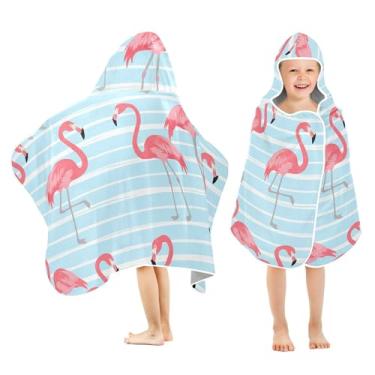 Imagem de Burbuja Flamingo on Blue Stripes Toalha de banho com capuz para crianças, toalha de praia de pelúcia macia absorvente para meninas e meninos 3-10 anos, 61 x 127 cm