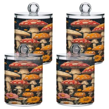 Imagem de STAYTOP 2 frascos de boticário de cogumelos selvagens Qtip para banheiro com etiquetas - recipiente de armazenamento Qtip de plástico transparente para bola de algodão, cotonete, grão de café