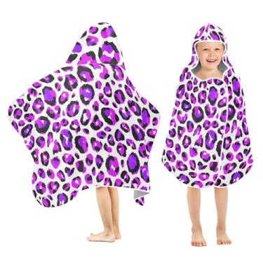 Imagem de Burbuja Toalha de banho com capuz com estampa de leopardo roxo para crianças, toalha de praia de pelúcia macia absorvente para meninas e meninos 3-10 anos, 61 x 127 cm