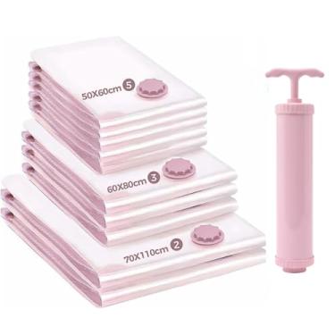 Imagem de Kit 10 Saco a Vácuo com Bomba Rosa – 5M 3G 2XG | Reutilizável, Anti-Furo, Ideal p/Roupas, Viagens, Edredons e Organização PREMIUM MCO