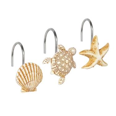 Imagem de Sunlit Ganchos de cortina de chuveiro decorativos oceânicos, anéis de cortina de chuveiro de estrela do mar, tartarugas marinhas, resina, decoração de banheiro náutico, ganchos de cortina de chuveiro