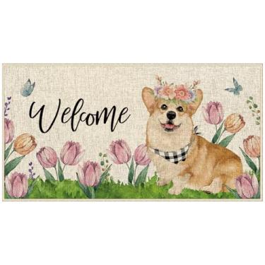 Imagem de Dlzdn Tapete floral Spring Corgi Dog Holiday Welcome Antiderrapante Borracha Backed Entryway Tapetes para Entrada Interior Exterior Piso 40 x 76 cm