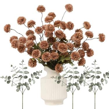 Imagem de DuHouse Flores falsas para vaso Kiku 8 hastes e 3 eucaliptos, hastes de flores falsas para buquês de casamento faça você mesmo, centro de mesa, decoração de cozinha