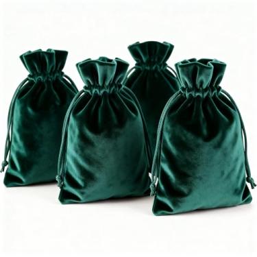 Imagem de HRX Package Sacos de presente de veludo macio, bolsas de veludo com cordão de 13 x 19,8 cm, verde-petróleo profundo para joias, dados de cristal, tarô, runa (pacote com 4)