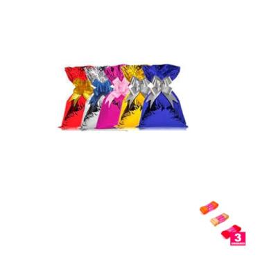 Imagem de Kit Saco Metalizado 10x15cm com 50 Unidades e Fita Cetim 38mm x 10 Metros