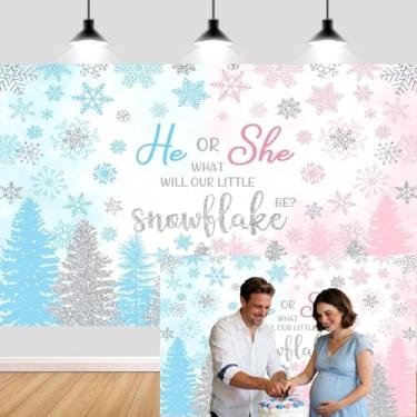 Imagem de 2,1 x 1,5 m Floresta de inverno, floco de neve, pano de fundo, revelador de gênero, menino ou menina, qual será o nosso pequeno floco de neve, fundo fotográfico azul para chá de bebê, suprimentos de
