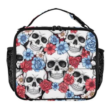 Imagem de Joisal Skulls Lancheira com flores vermelhas azuis para mulheres, meninas, lancheira masculina, lancheira para trabalho, bolsa térmica térmica para meninos