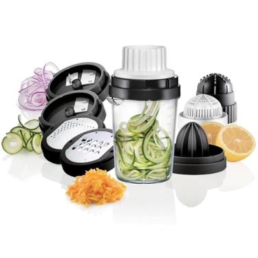 Imagem de Nourished Essentials Cortador de legumes em espiral transparente com tampas pretas, 8 em 1 utensílios de cozinha Juicer, espiralizador, fatiador de vegetais, feito de plástico e lâminas de aço