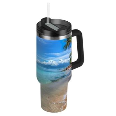 Imagem de Joisal Copos de praia tropical mar com tampas e canudos, copo reutilizável com alça garrafa de água isolada de 1,134 g, copo de aço inoxidável para quente e frio