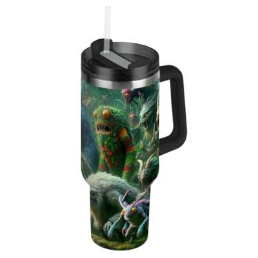 Imagem de Monsters Jungle Adventure Tumblers com tampa e canudos Copo térmico de 1,134 g com alça garrafa de água isolada copo de café de carro de aço inoxidável