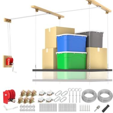 Imagem de TooTaci Elevador aéreo de armazenamento de garagem com cabo de aço 3/16 e guincho, sistema de elevação de armazenamento de garagem montado no teto resistente para organização, peso de 136 kg, suporta