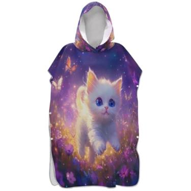Imagem de Joisal Roupão de mudança de tamanho grande para adultos, poncho de surfe, toalha de natação com capuz, fofo, gato, borboleta, roxo, ponchos femininos com capuz
