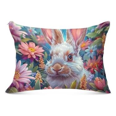 Imagem de Capa de travesseiro de flanela grande de coelho fofo com flores coloridas decorativas para travesseiro padrão Queen King Capas de travesseiro para o corpo, tamanho do corpo, 53 cm x 137 cm