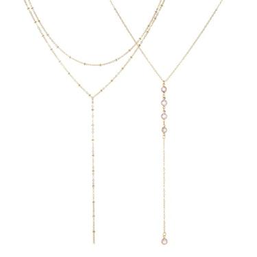 Imagem de Conjunto de colar em camadas douradas para mulheres, pacote com 2 pingentes de gota em Y CZ e corrente em camadas de contas planas, presente elegante para esposa e filha, colar longo delicado para