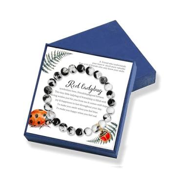 Imagem de Gowvvxu Pulseira de joaninha joaninha da amizade com contas brancas de ágata de fogo natural preta, presentes de joaninha para mulheres, presente perfeito para amantes de joaninhas, 7, Pedra, Sem