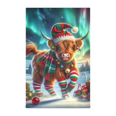 Imagem de Joisal Highland Cow Christmas Aurora Toalhas de chá de mão toalhas de prato fofas para decoração de cozinha panos de prato panos absorventes macios 45 x 71 cm, pacote com 6