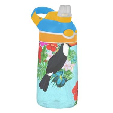 Imagem de Garrafa de água infantil de 473 ml, reutilizável, 473 ml, garrafa de água de plástico Tritan com canudo à prova de vazamento, copo de viagem infantil portátil, alça de transporte, flores de hibisco