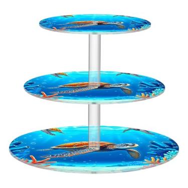 Imagem de Tartarugas marinhas água azul 3 camadas suporte de cupcake para festa de acrílico copo torre de bolo decoração de festa de chá bandeja de servir comida donut
